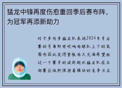 猛龙中锋再度伤愈重回季后赛布阵，为冠军再添新助力