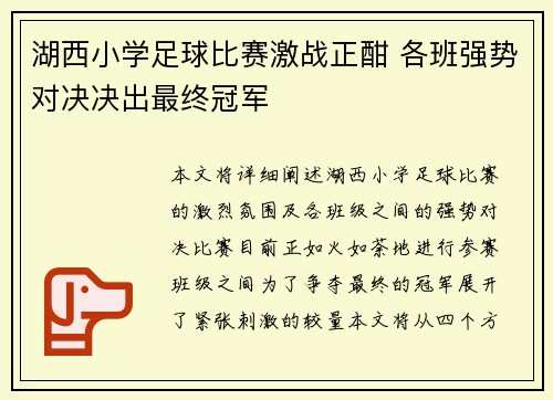 湖西小学足球比赛激战正酣 各班强势对决决出最终冠军